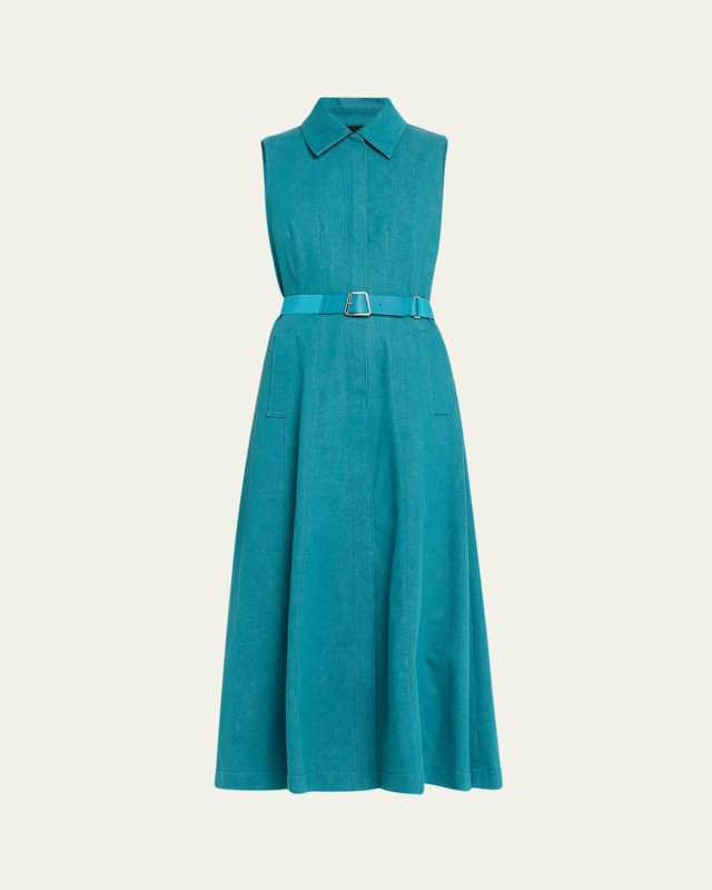 Sleeveless Belted Denim Midi Shirtdress